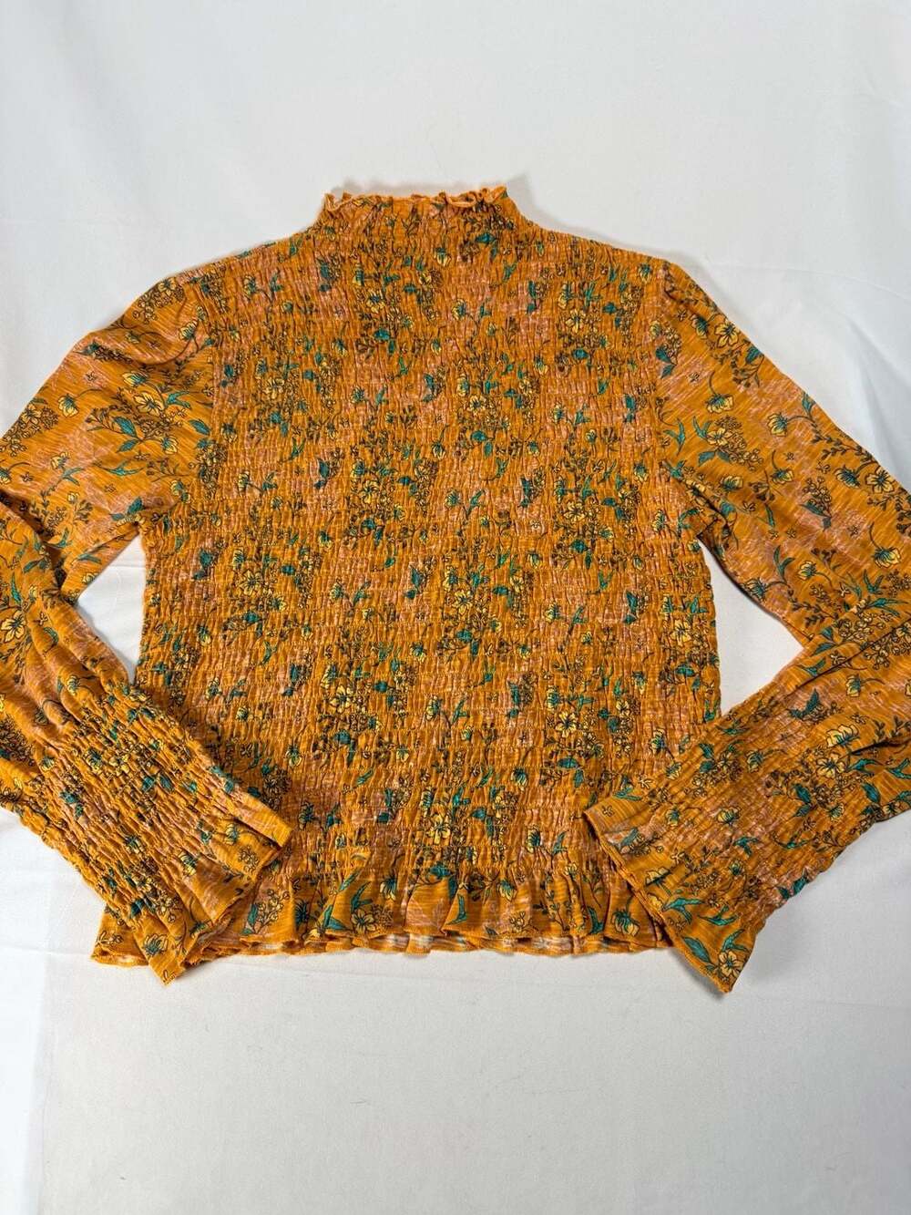 Rock & Roll Denim Womens Orange Floral Smocked Mock Neck Long Sleeve Top Size XL